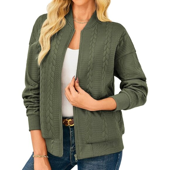 Women Green Lightweight Bomber Jacket Stand Collar Zip Up Fall Casual Coat